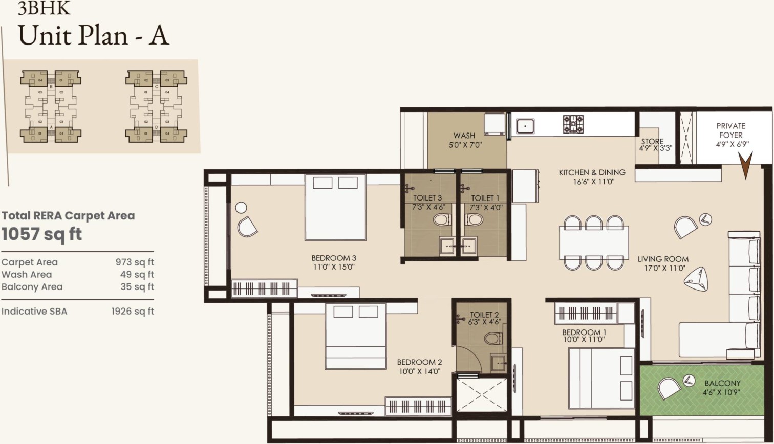 Venus Deshna 3BHK Unit Plan A